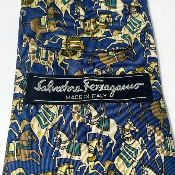 Salvatore Ferragamo Men’s Silk Neck Tie Blue with Tan and Brown Horses - Picture 3 of 6